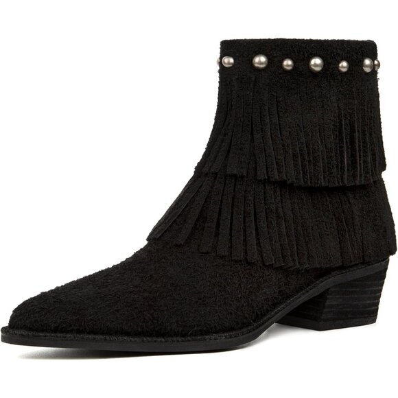 ⚡Women's Black Suede Pointed Toe Elastic Short Boot Block Chunky Heel Ankle Boot - Picture 1 of 6